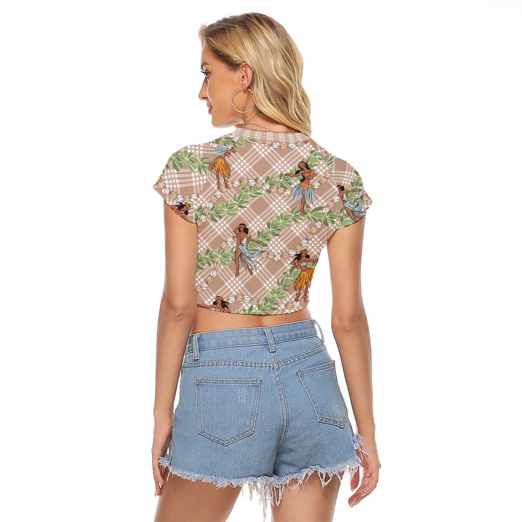 Beige Palaka Hula Girls Seamless Hawaii Aloha Raglan Cropped T Shirt - Polynesian Pride