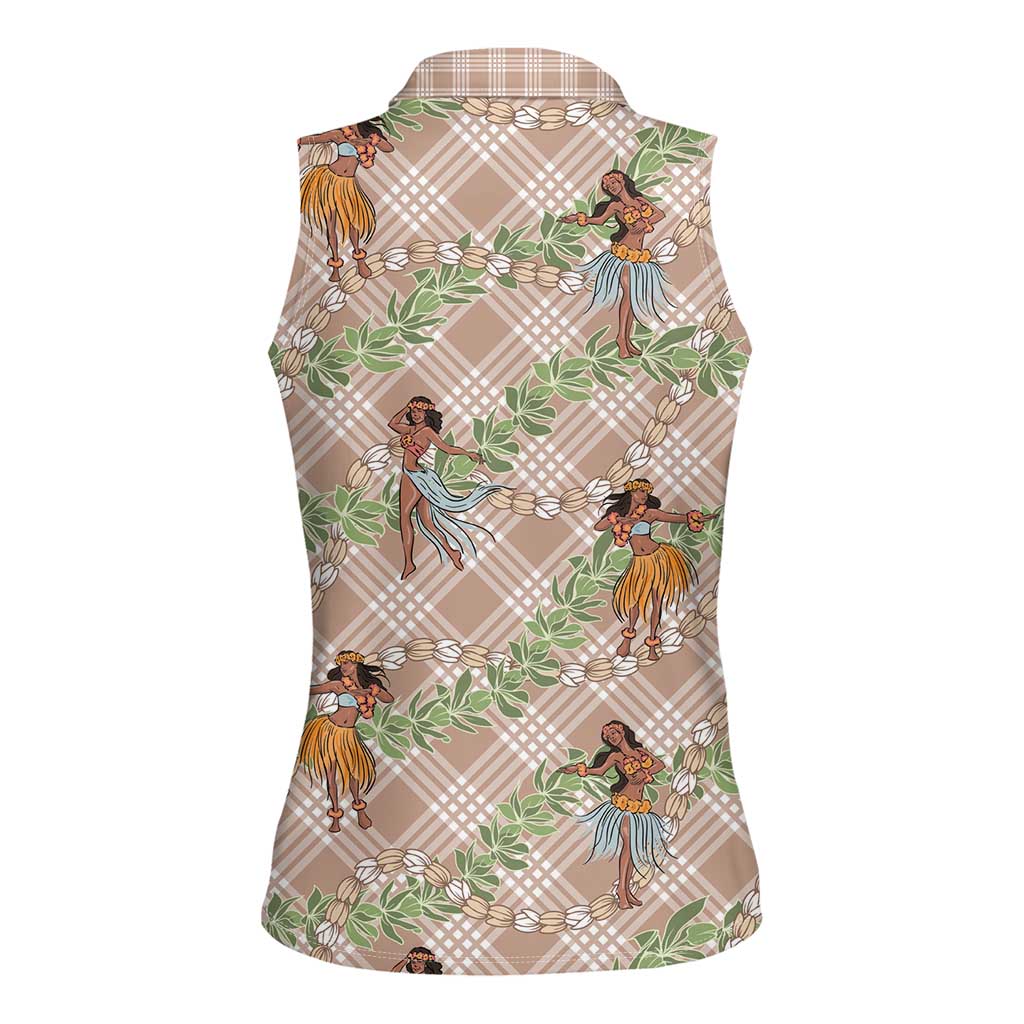 Beige Palaka Hula Girls Seamless Hawaii Aloha Women Sleeveless Polo Shirt LT7 - Polynesian Pride