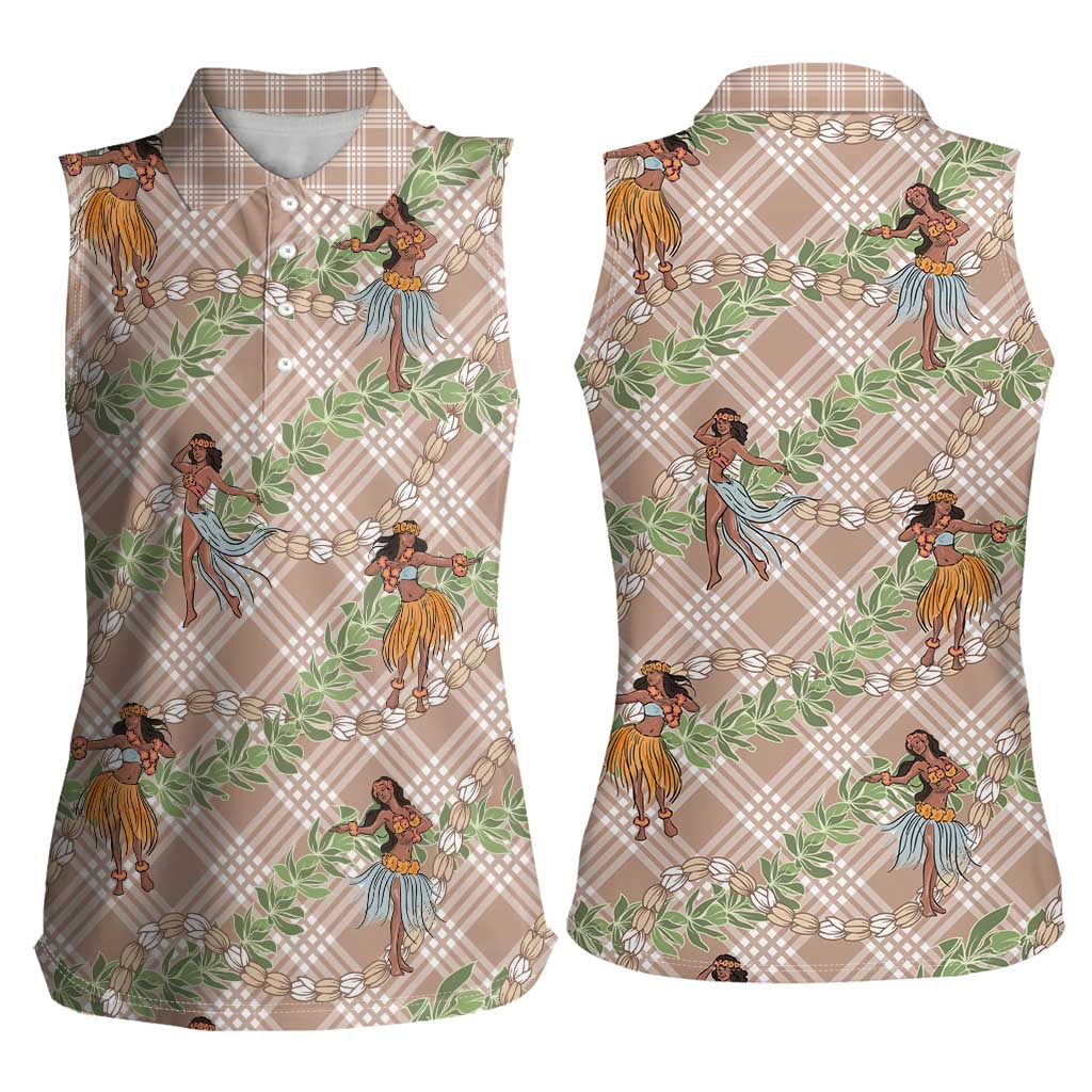 Beige Palaka Hula Girls Seamless Hawaii Aloha Women Sleeveless Polo Shirt LT7 - Polynesian Pride