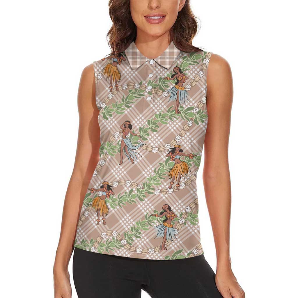 Beige Palaka Hula Girls Seamless Hawaii Aloha Women Sleeveless Polo Shirt LT7 - Polynesian Pride