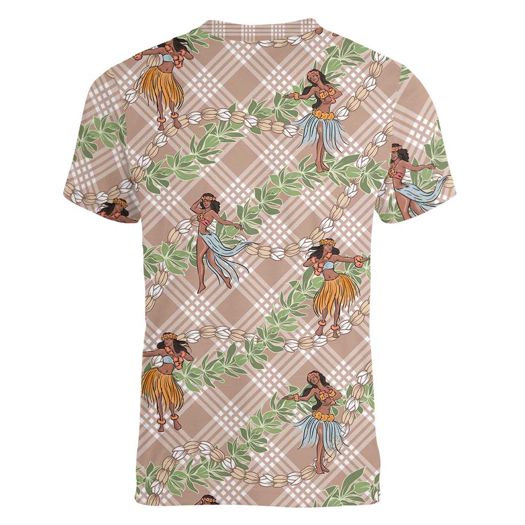 Beige Palaka Hula Girls Seamless Hawaii Aloha Women V-Neck T-Shirt LT7 - Polynesian Pride