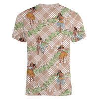 Beige Palaka Hula Girls Seamless Hawaii Aloha Women V-Neck T-Shirt LT7 - Polynesian Pride