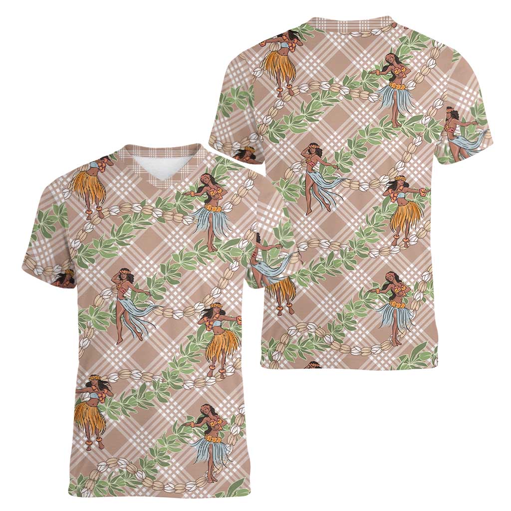 Beige Palaka Hula Girls Seamless Hawaii Aloha Women V-Neck T-Shirt LT7 - Polynesian Pride