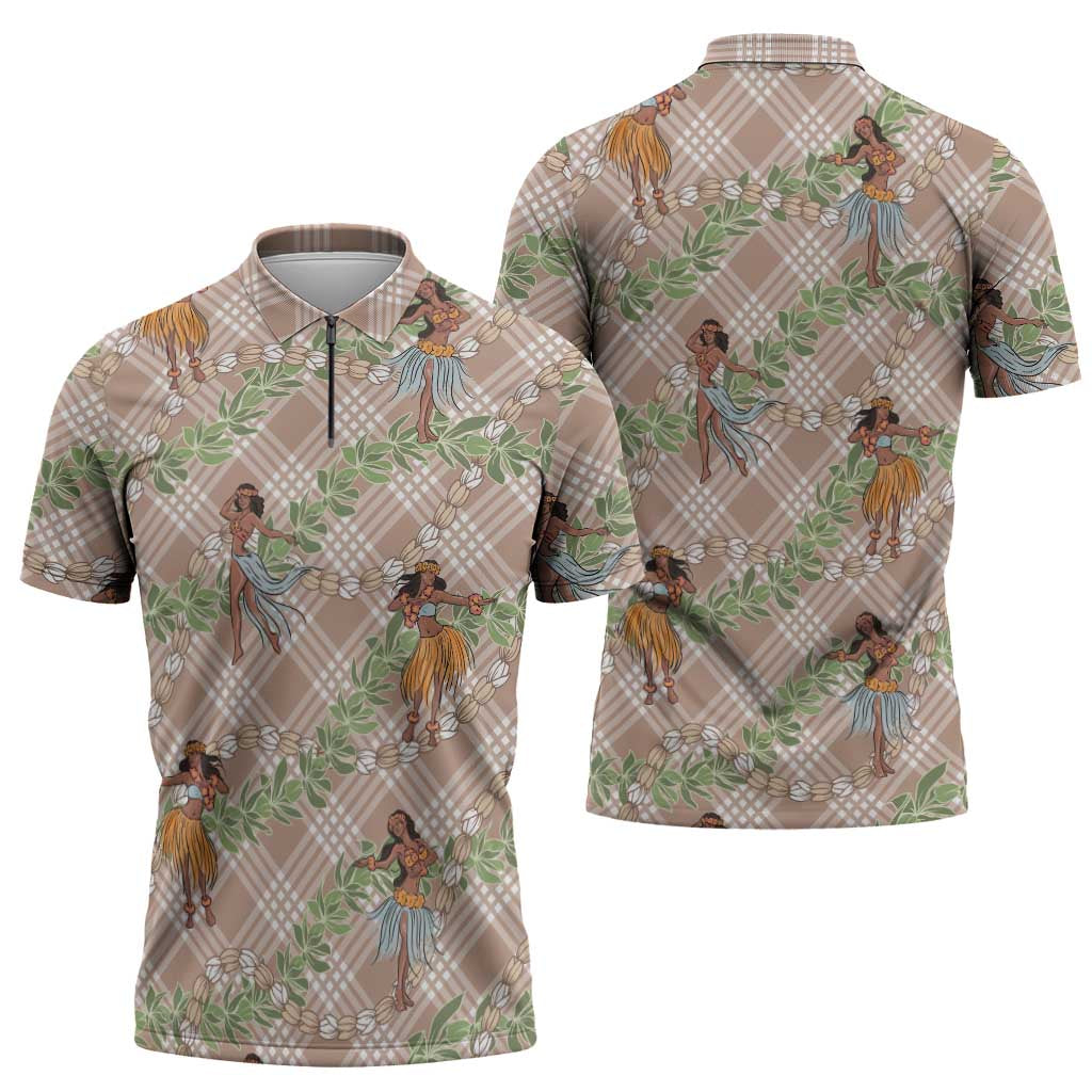 Beige Palaka Hula Girls Seamless Hawaii Aloha Zipper Polo Shirt - Polynesian Pride