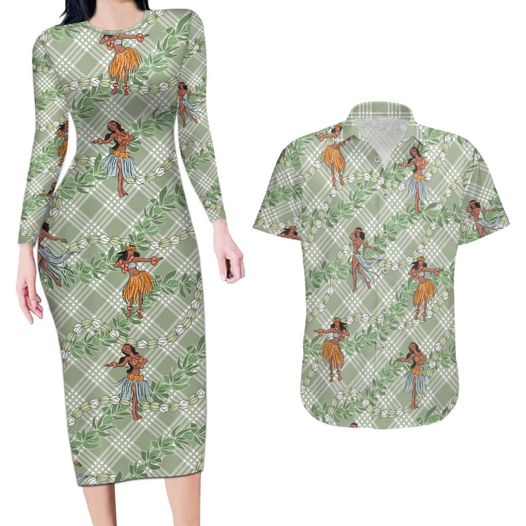 Mint Palaka Hula Girls Seamless Hawaii Aloha Couples Matching Long Sleeve Bodycon Dress and Hawaiian Shirt LT7 Mint - Polynesian Pride