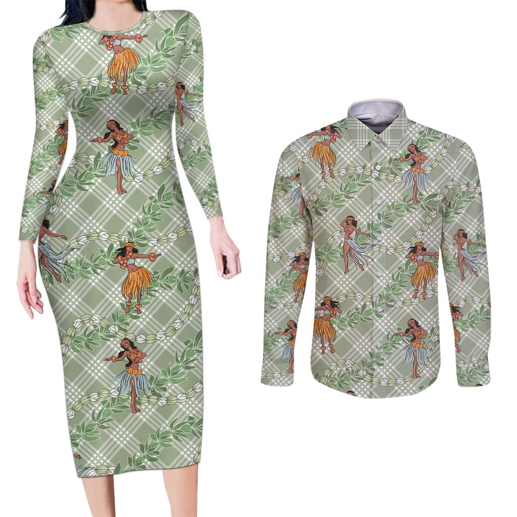 Mint Palaka Hula Girls Seamless Hawaii Aloha Couples Matching Long Sleeve Bodycon Dress and Long Sleeve Button Shirt LT7 Mint - Polynesian Pride