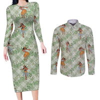 Mint Palaka Hula Girls Seamless Hawaii Aloha Couples Matching Long Sleeve Bodycon Dress and Long Sleeve Button Shirt LT7 Mint - Polynesian Pride