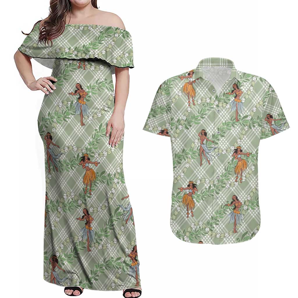 Mint Palaka Hula Girls Seamless Hawaii Aloha Couples Matching Off Shoulder Maxi Dress and Hawaiian Shirt LT7 Mint - Polynesian Pride