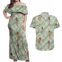 Mint Palaka Hula Girls Seamless Hawaii Aloha Couples Matching Off Shoulder Maxi Dress and Hawaiian Shirt LT7 Mint - Polynesian Pride