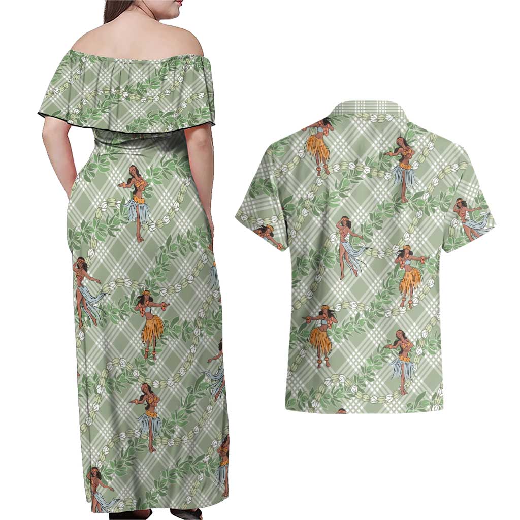 Mint Palaka Hula Girls Seamless Hawaii Aloha Couples Matching Off Shoulder Maxi Dress and Hawaiian Shirt LT7 - Polynesian Pride
