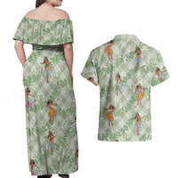 Mint Palaka Hula Girls Seamless Hawaii Aloha Couples Matching Off Shoulder Maxi Dress and Hawaiian Shirt LT7 - Polynesian Pride