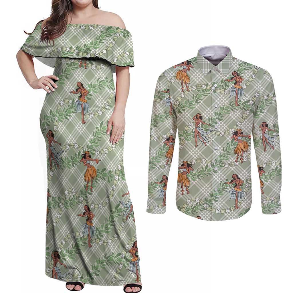 Mint Palaka Hula Girls Seamless Hawaii Aloha Couples Matching Off Shoulder Maxi Dress and Long Sleeve Button Shirt LT7 Mint - Polynesian Pride