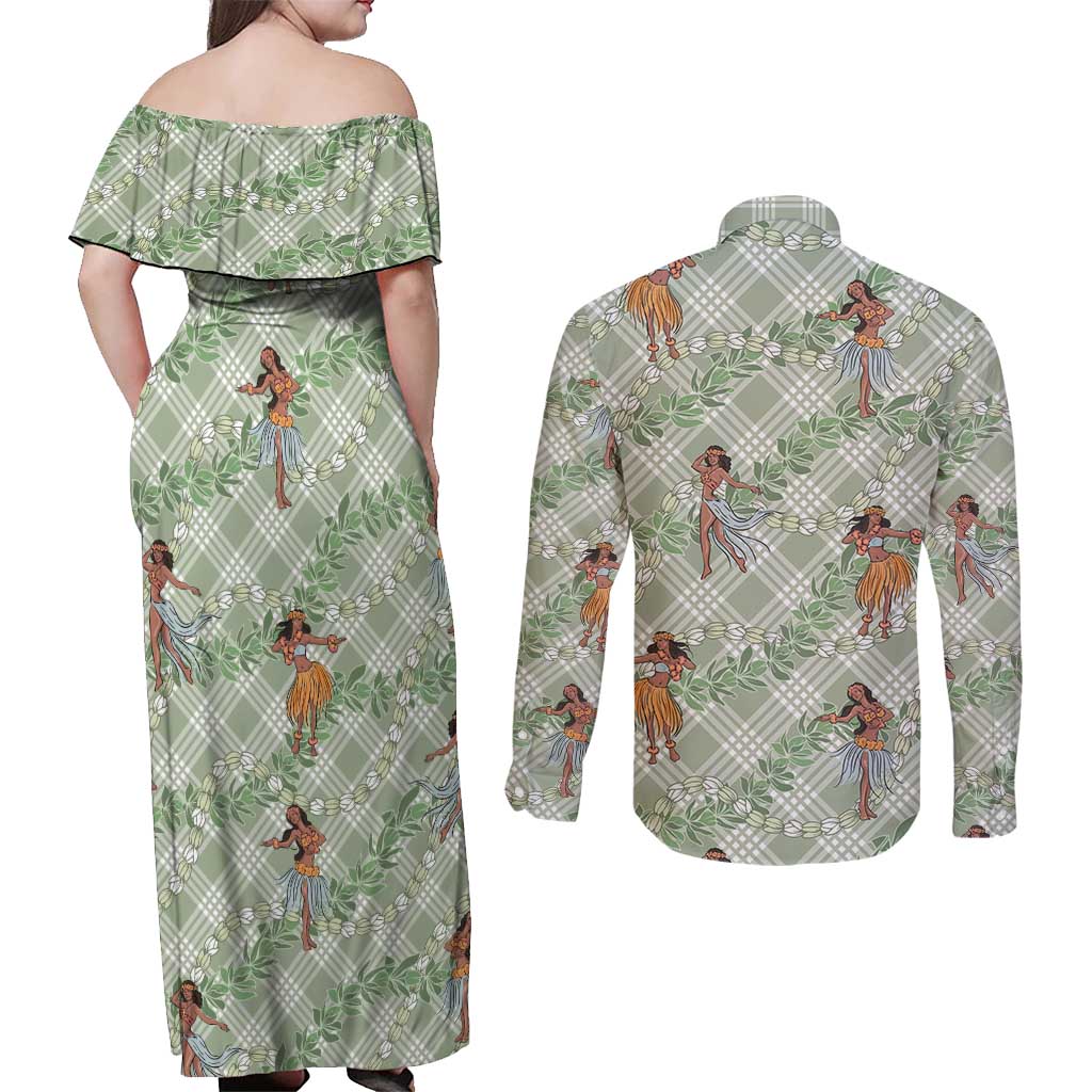 Mint Palaka Hula Girls Seamless Hawaii Aloha Couples Matching Off Shoulder Maxi Dress and Long Sleeve Button Shirt LT7 - Polynesian Pride