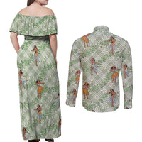 Mint Palaka Hula Girls Seamless Hawaii Aloha Couples Matching Off Shoulder Maxi Dress and Long Sleeve Button Shirt LT7 - Polynesian Pride