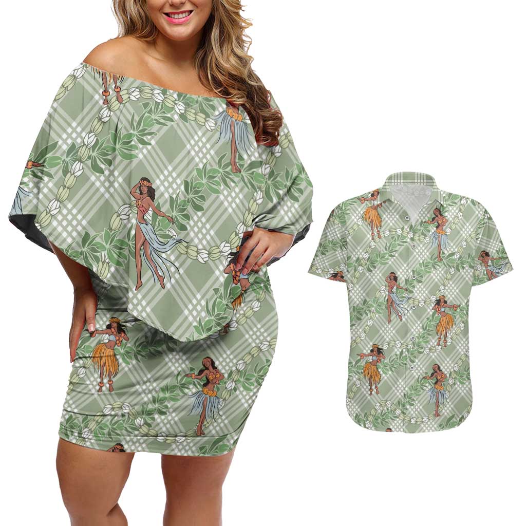 Mint Palaka Hula Girls Seamless Hawaii Aloha Couples Matching Off Shoulder Short Dress and Hawaiian Shirt LT7 Mint - Polynesian Pride