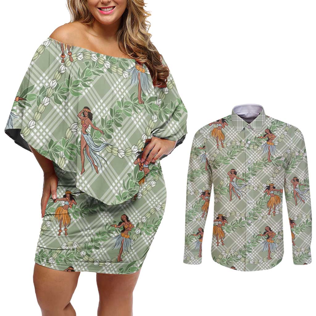 Mint Palaka Hula Girls Seamless Hawaii Aloha Couples Matching Off Shoulder Short Dress and Long Sleeve Button Shirt LT7 Mint - Polynesian Pride