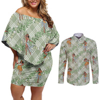 Mint Palaka Hula Girls Seamless Hawaii Aloha Couples Matching Off Shoulder Short Dress and Long Sleeve Button Shirt LT7 Mint - Polynesian Pride