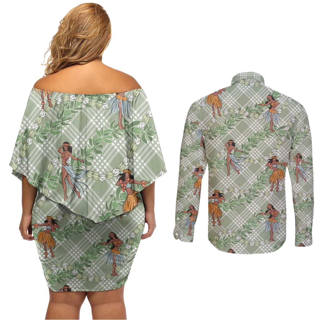 Mint Palaka Hula Girls Seamless Hawaii Aloha Couples Matching Off Shoulder Short Dress and Long Sleeve Button Shirt LT7 - Polynesian Pride