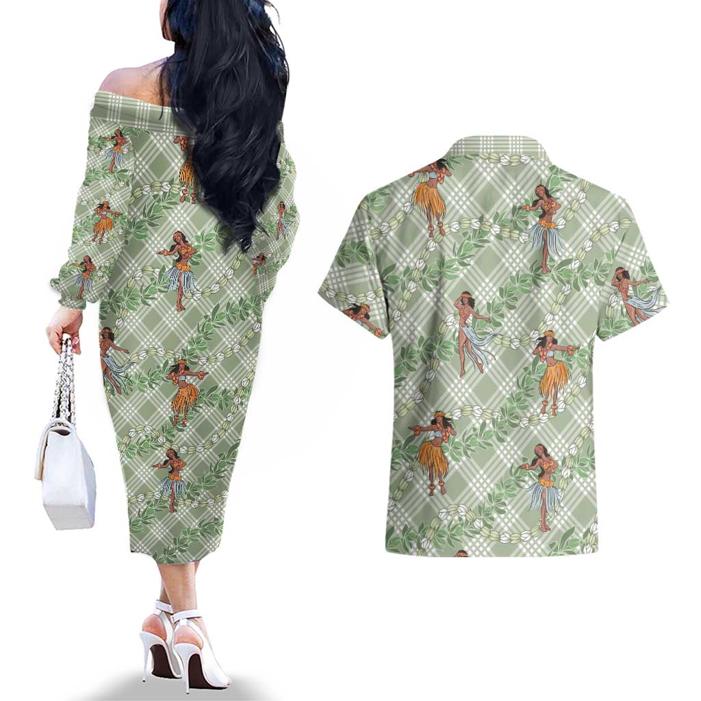 Mint Palaka Hula Girls Seamless Hawaii Aloha Couples Matching Off The Shoulder Long Sleeve Dress and Hawaiian Shirt LT7 - Polynesian Pride