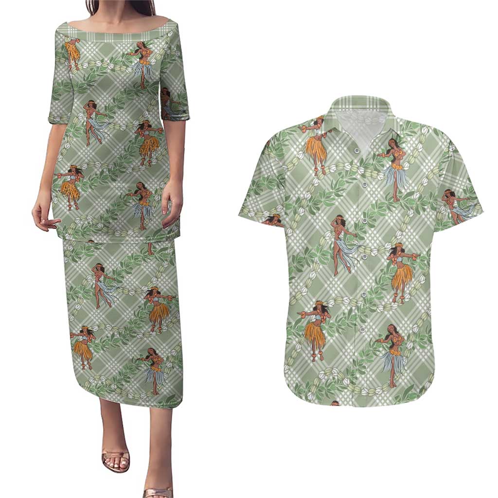 Mint Palaka Hula Girls Seamless Hawaii Aloha Couples Matching Puletasi and Hawaiian Shirt LT7 Mint - Polynesian Pride