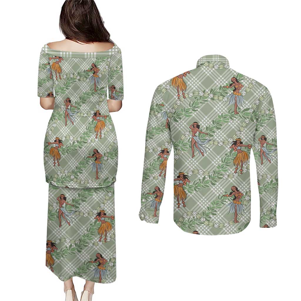 Mint Palaka Hula Girls Seamless Hawaii Aloha Couples Matching Puletasi and Long Sleeve Button Shirt - Polynesian Pride
