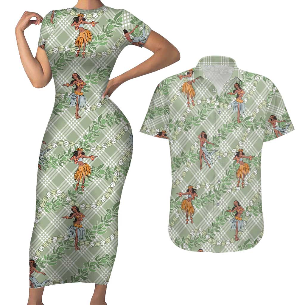 Mint Palaka Hula Girls Seamless Hawaii Aloha Couples Matching Short Sleeve Bodycon Dress and Hawaiian Shirt LT7 Mint - Polynesian Pride
