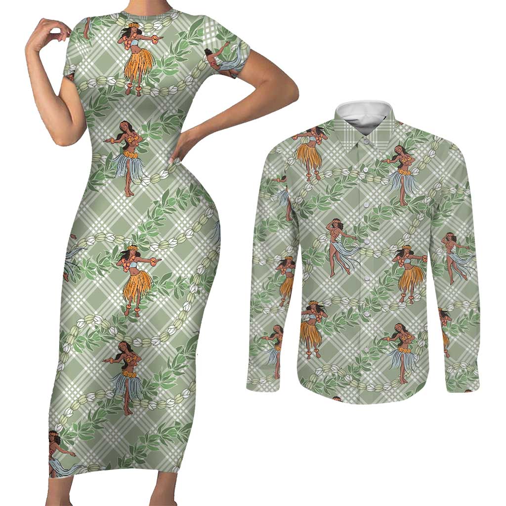 Mint Palaka Hula Girls Seamless Hawaii Aloha Couples Matching Short Sleeve Bodycon Dress and Long Sleeve Button Shirt - Polynesian Pride