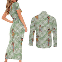 Mint Palaka Hula Girls Seamless Hawaii Aloha Couples Matching Short Sleeve Bodycon Dress and Long Sleeve Button Shirt LT7 - Polynesian Pride