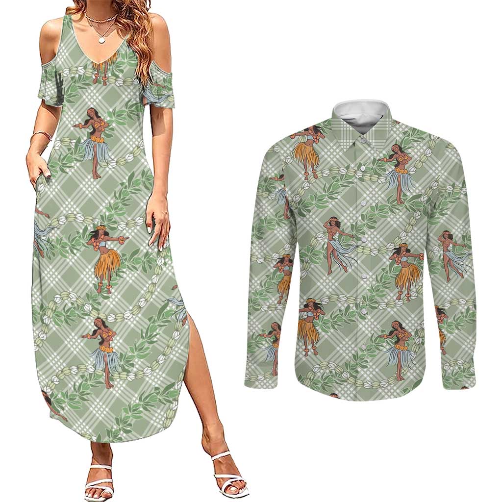 Mint Palaka Hula Girls Seamless Hawaii Aloha Couples Matching Summer Maxi Dress and Long Sleeve Button Shirt LT7 Mint - Polynesian Pride