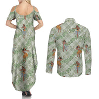 Mint Palaka Hula Girls Seamless Hawaii Aloha Couples Matching Summer Maxi Dress and Long Sleeve Button Shirt LT7 - Polynesian Pride