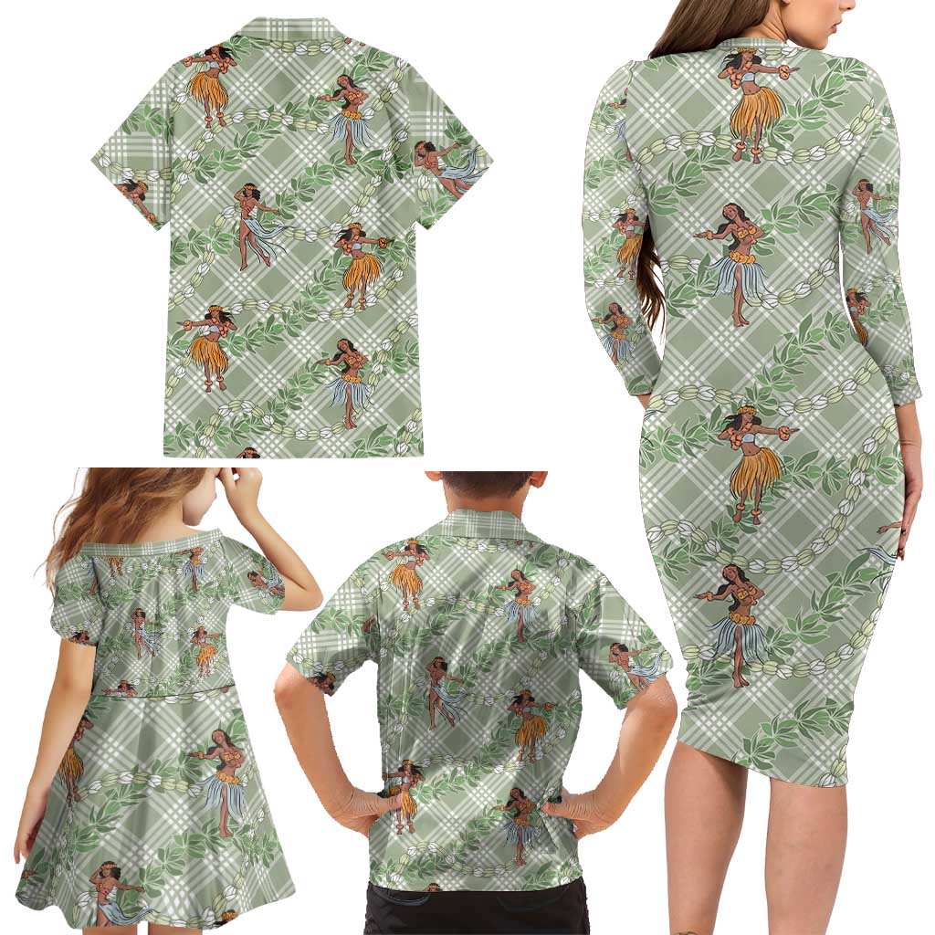 Mint Palaka Hula Girls Seamless Hawaii Aloha Family Matching Long Sleeve Bodycon Dress and Hawaiian Shirt LT7 - Polynesian Pride