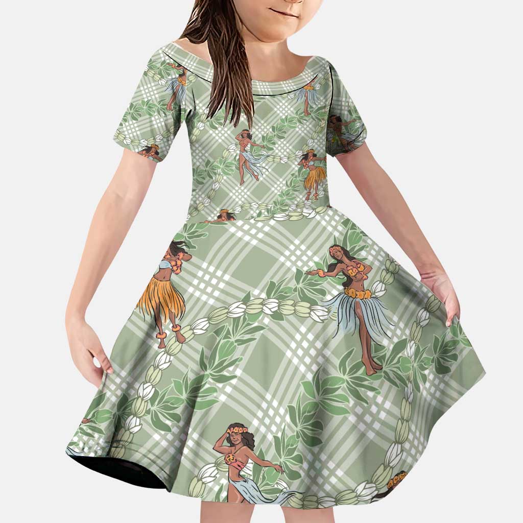 Mint Palaka Hula Girls Seamless Hawaii Aloha Family Matching Off The Shoulder Long Sleeve Dress and Hawaiian Shirt LT7 Daughter's Dress Mint - Polynesian Pride