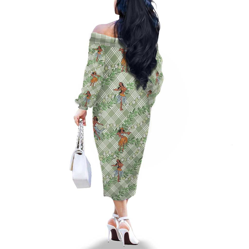 Mint Palaka Hula Girls Seamless Hawaii Aloha Family Matching Off The Shoulder Long Sleeve Dress and Hawaiian Shirt LT7 - Polynesian Pride