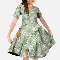 Mint Palaka Hula Girls Seamless Hawaii Aloha Family Matching Off Shoulder Short Dress and Hawaiian Shirt LT7 Daughter's Dress Mint - Polynesian Pride
