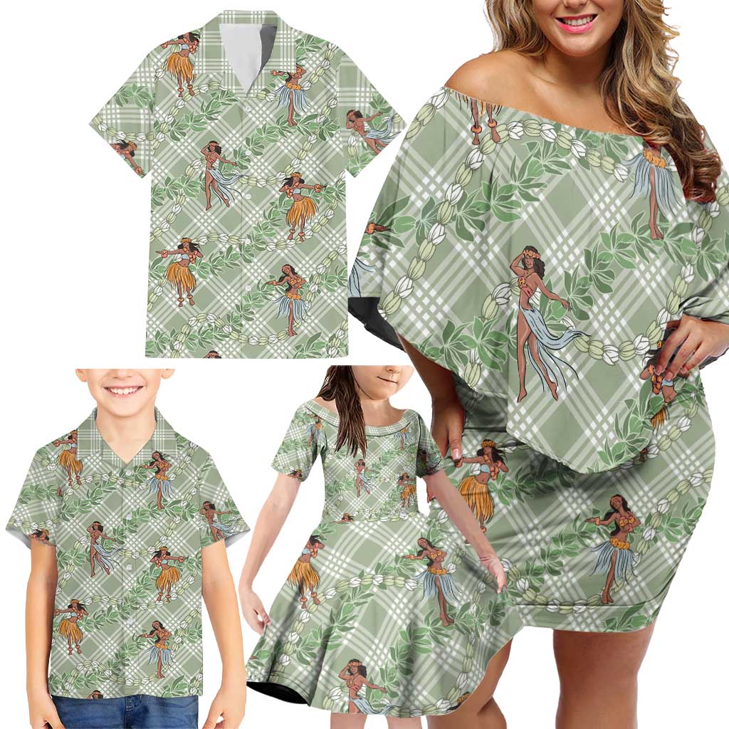 Mint Palaka Hula Girls Seamless Hawaii Aloha Family Matching Off Shoulder Short Dress and Hawaiian Shirt LT7 - Polynesian Pride