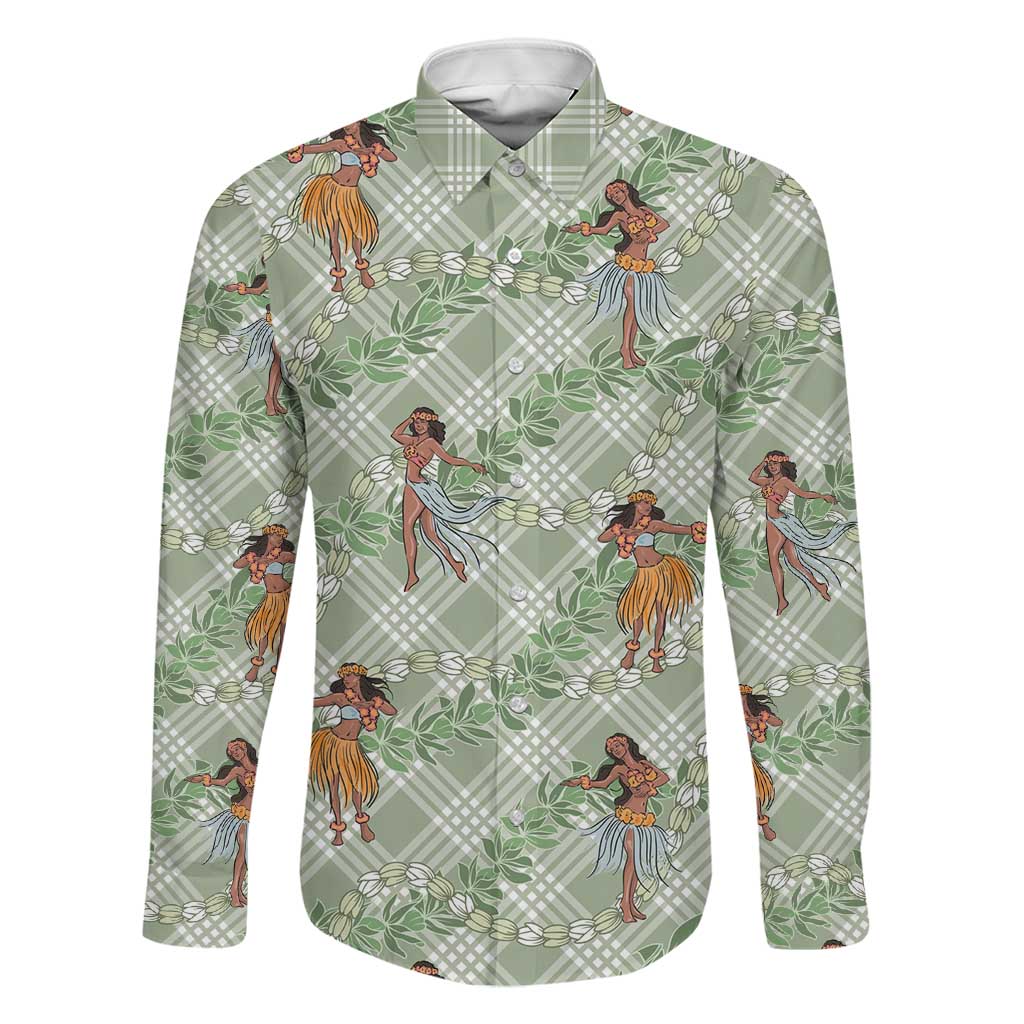 Mint Palaka Hula Girls Seamless Hawaii Aloha Family Matching Off Shoulder Short Dress and Hawaiian Shirt LT7 Dad's Shirt - Long Sleeve Mint - Polynesian Pride