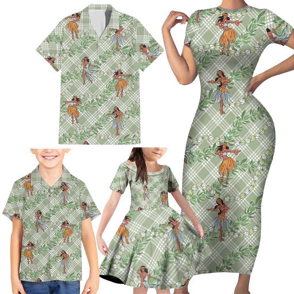 Mint Palaka Hula Girls Seamless Hawaii Aloha Family Matching Short Sleeve Bodycon Dress and Hawaiian Shirt - Polynesian Pride