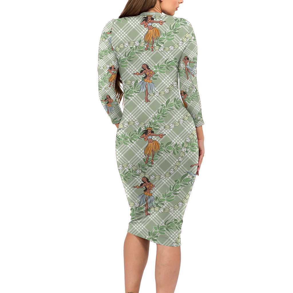 Mint Palaka Hula Girls Seamless Hawaii Aloha Long Sleeve Bodycon Dress - Polynesian Pride