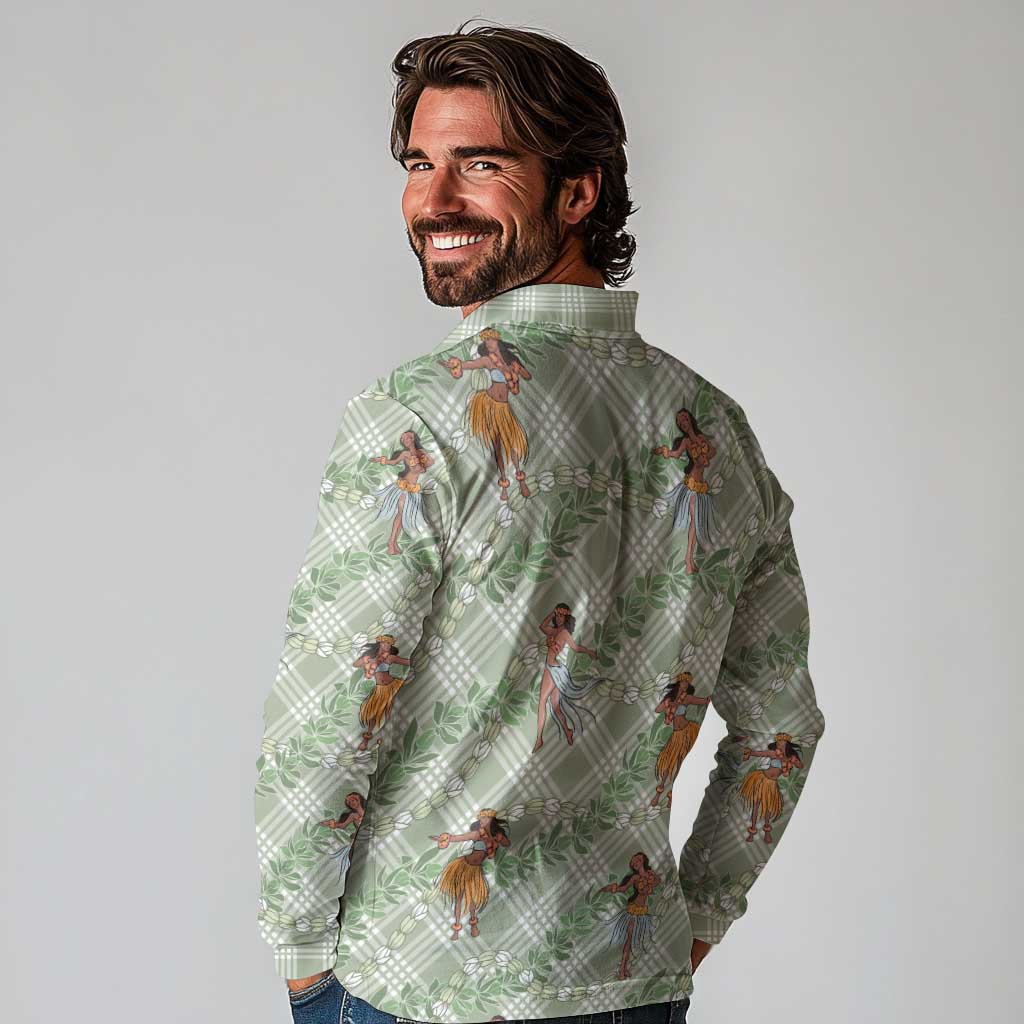Mint Palaka Hula Girls Seamless Hawaii Aloha Long Sleeve Polo Shirt - Polynesian Pride