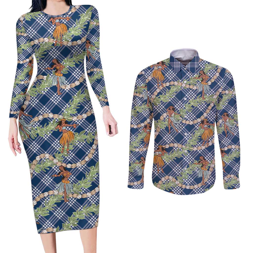 Navy Blue Palaka Hula Girls Seamless Hawaii Aloha Couples Matching Long Sleeve Bodycon Dress and Long Sleeve Button Shirt LT7 Navy Blue - Polynesian Pride