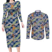 Navy Blue Palaka Hula Girls Seamless Hawaii Aloha Couples Matching Long Sleeve Bodycon Dress and Long Sleeve Button Shirt LT7 Navy Blue - Polynesian Pride