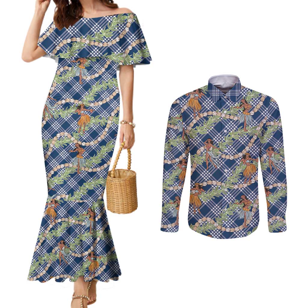 Navy Blue Palaka Hula Girls Seamless Hawaii Aloha Couples Matching Mermaid Dress and Long Sleeve Button Shirt LT7 Navy Blue - Polynesian Pride