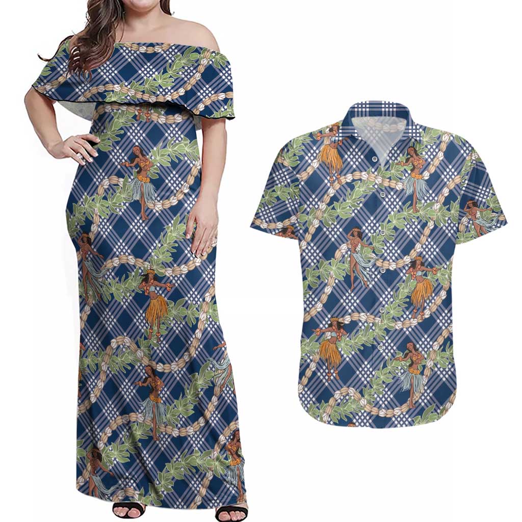 Navy Blue Palaka Hula Girls Seamless Hawaii Aloha Couples Matching Off Shoulder Maxi Dress and Hawaiian Shirt LT7 Navy Blue - Polynesian Pride