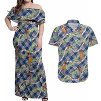 Navy Blue Palaka Hula Girls Seamless Hawaii Aloha Couples Matching Off Shoulder Maxi Dress and Hawaiian Shirt LT7 Navy Blue - Polynesian Pride