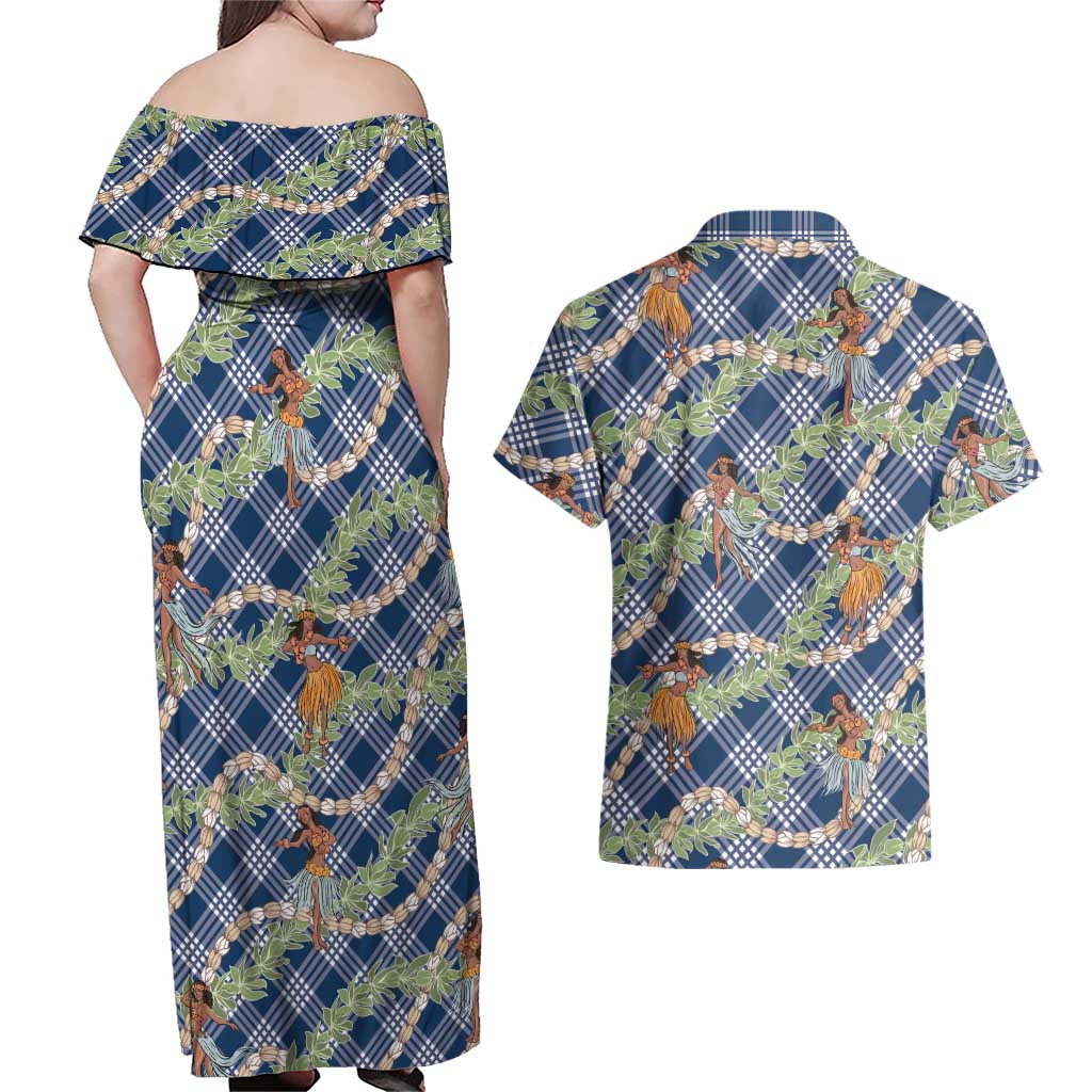 Navy Blue Palaka Hula Girls Seamless Hawaii Aloha Couples Matching Off Shoulder Maxi Dress and Hawaiian Shirt LT7 - Polynesian Pride