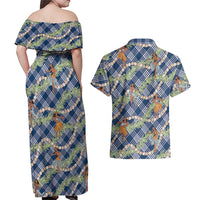 Navy Blue Palaka Hula Girls Seamless Hawaii Aloha Couples Matching Off Shoulder Maxi Dress and Hawaiian Shirt LT7 - Polynesian Pride