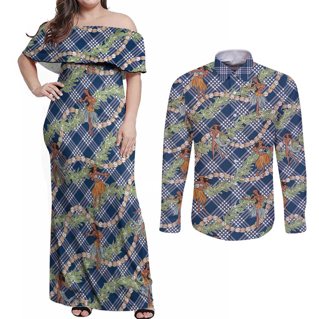 Navy Blue Palaka Hula Girls Seamless Hawaii Aloha Couples Matching Off Shoulder Maxi Dress and Long Sleeve Button Shirt LT7 Navy Blue - Polynesian Pride