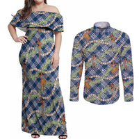 Navy Blue Palaka Hula Girls Seamless Hawaii Aloha Couples Matching Off Shoulder Maxi Dress and Long Sleeve Button Shirt LT7 Navy Blue - Polynesian Pride
