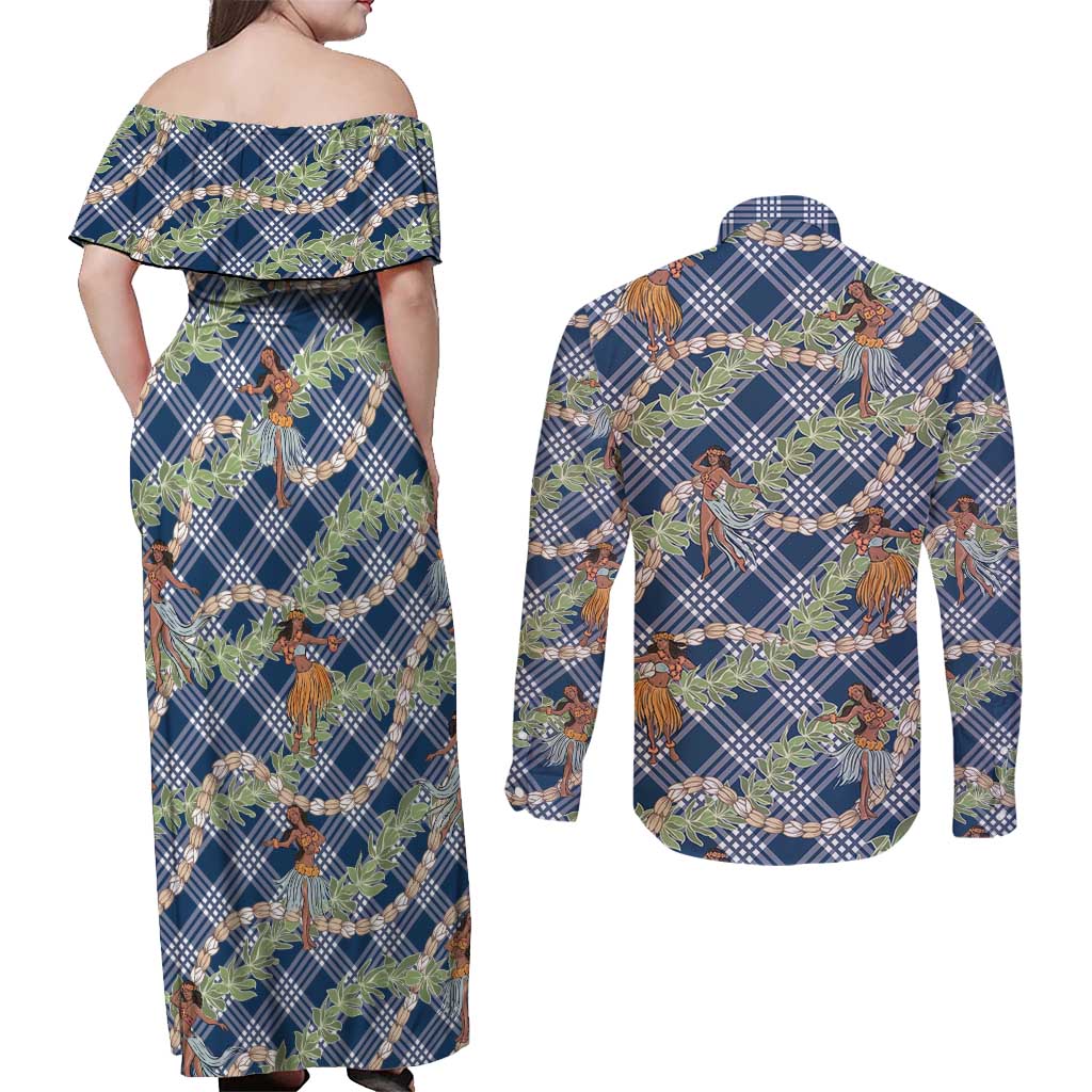 Navy Blue Palaka Hula Girls Seamless Hawaii Aloha Couples Matching Off Shoulder Maxi Dress and Long Sleeve Button Shirt LT7 - Polynesian Pride