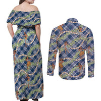 Navy Blue Palaka Hula Girls Seamless Hawaii Aloha Couples Matching Off Shoulder Maxi Dress and Long Sleeve Button Shirt LT7 - Polynesian Pride